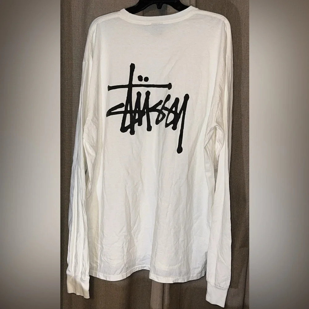 Stussy White Long Sleeve Tee with Black Logo